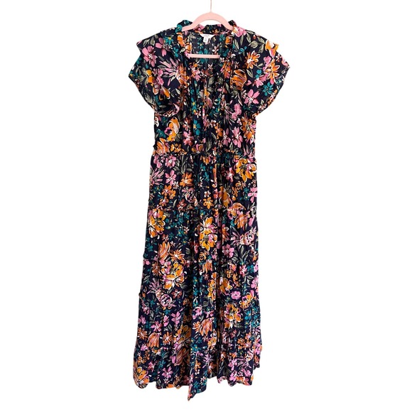 crown & ivy Dresses & Skirts - Crown & Ivy Floral Tiered Maxi Dress Navy Blue Flutter Sleeve Cotton XL